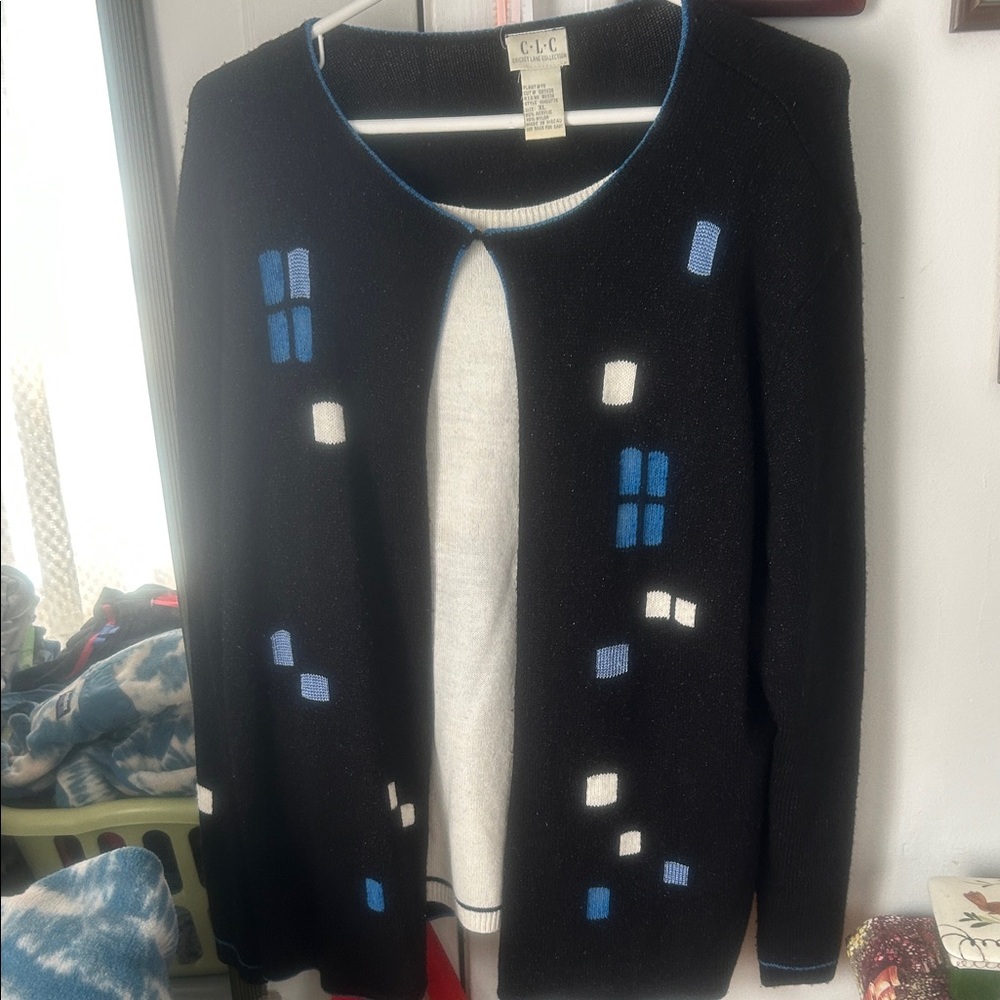 CLC Women's Black Cardigan with Blue and White Accents